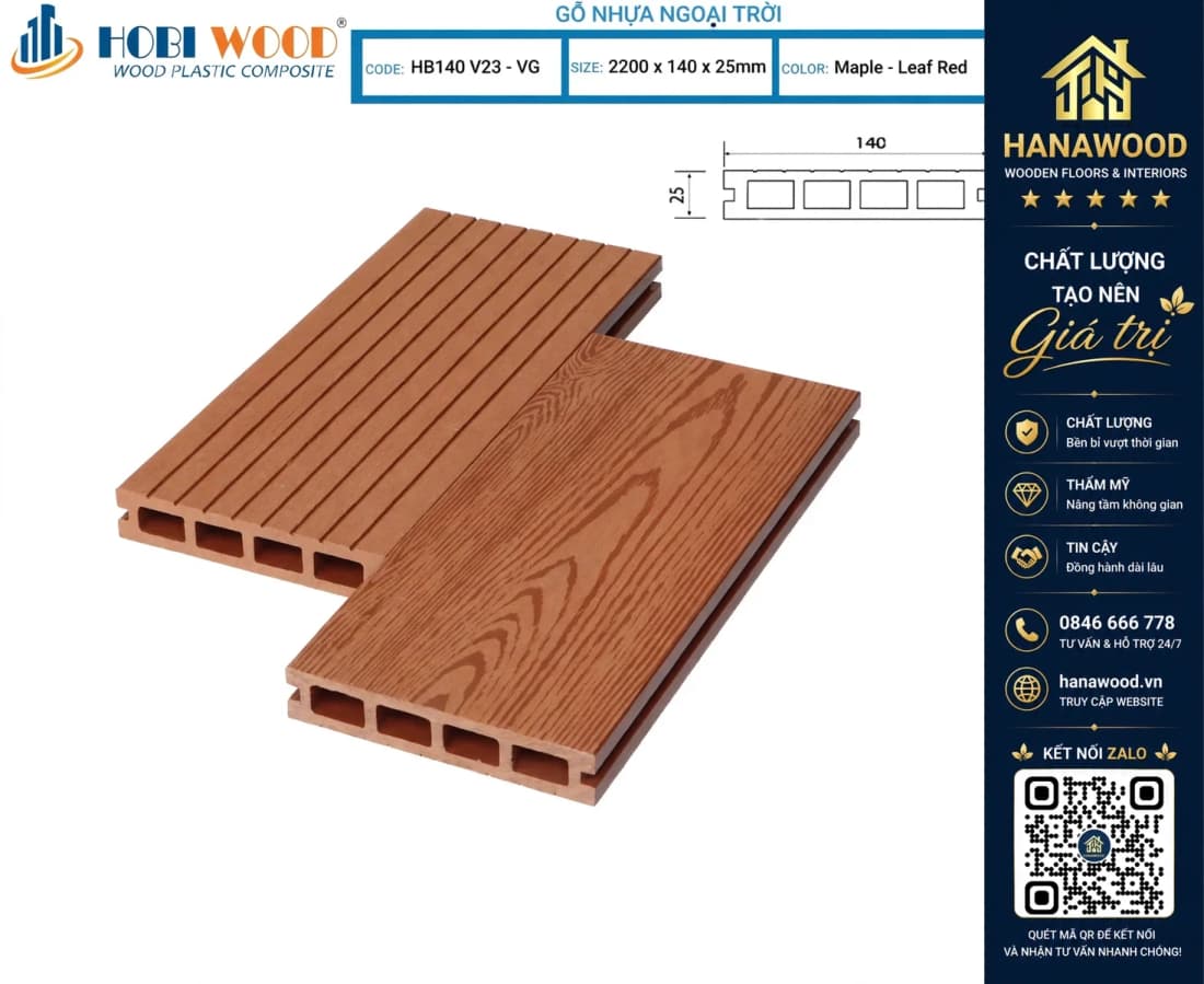 Sàn Gỗ Nhựa Ngoài Trời Hobi Wood Lỗ Vuông HB 140 V25-VG Maple-Leaf -Red