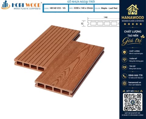 Sàn Gỗ Nhựa Ngoài Trời Hobi Wood Lỗ Vuông HB 140 V25-VG Maple-Leaf -Red
