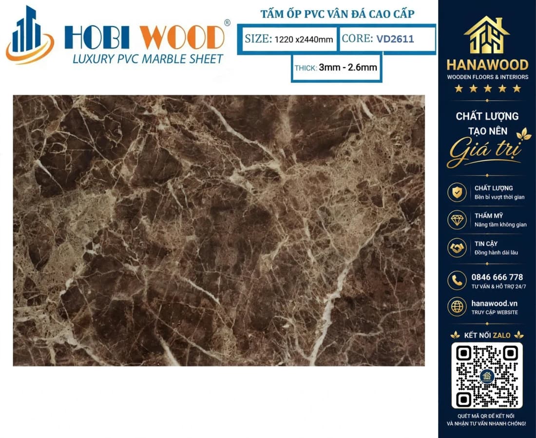 Tấm Nhựa Ốp Tường PVC Giả Đá Hobi Wood VD2611 Dày 2.6mm