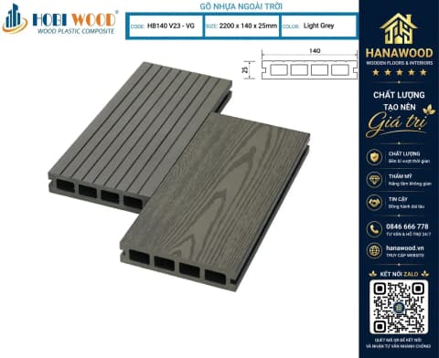 Sàn Gỗ Nhựa Ngoài Trời Hobi Wood Lỗ Vuông HB 140 V25-VG Light Grey