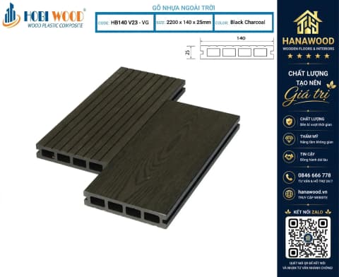 Sàn Gỗ Nhựa Ngoài Trời Hobi Wood Lỗ Vuông HB 140 V25-VG Black Charcoal