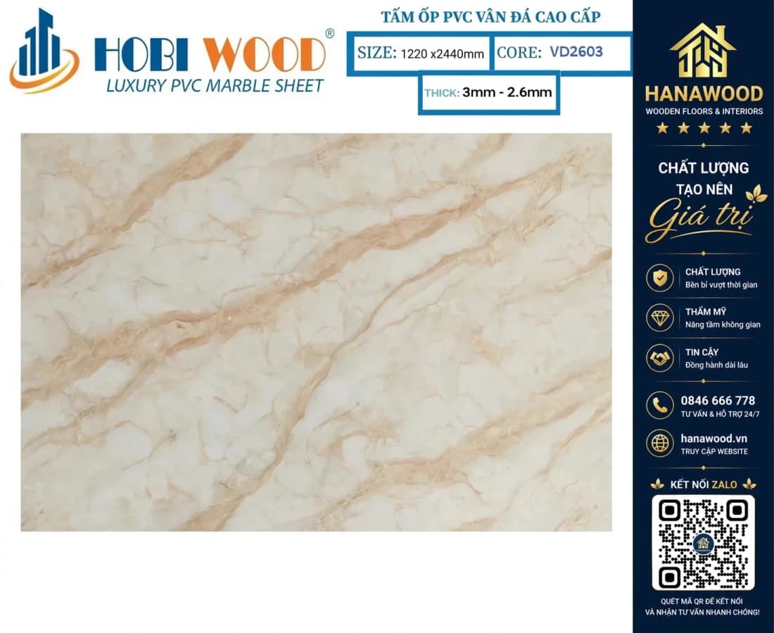 Tấm Nhựa Ốp Tường PVC Giả Đá Hobi Wood VD2603 Dày 2.6mm