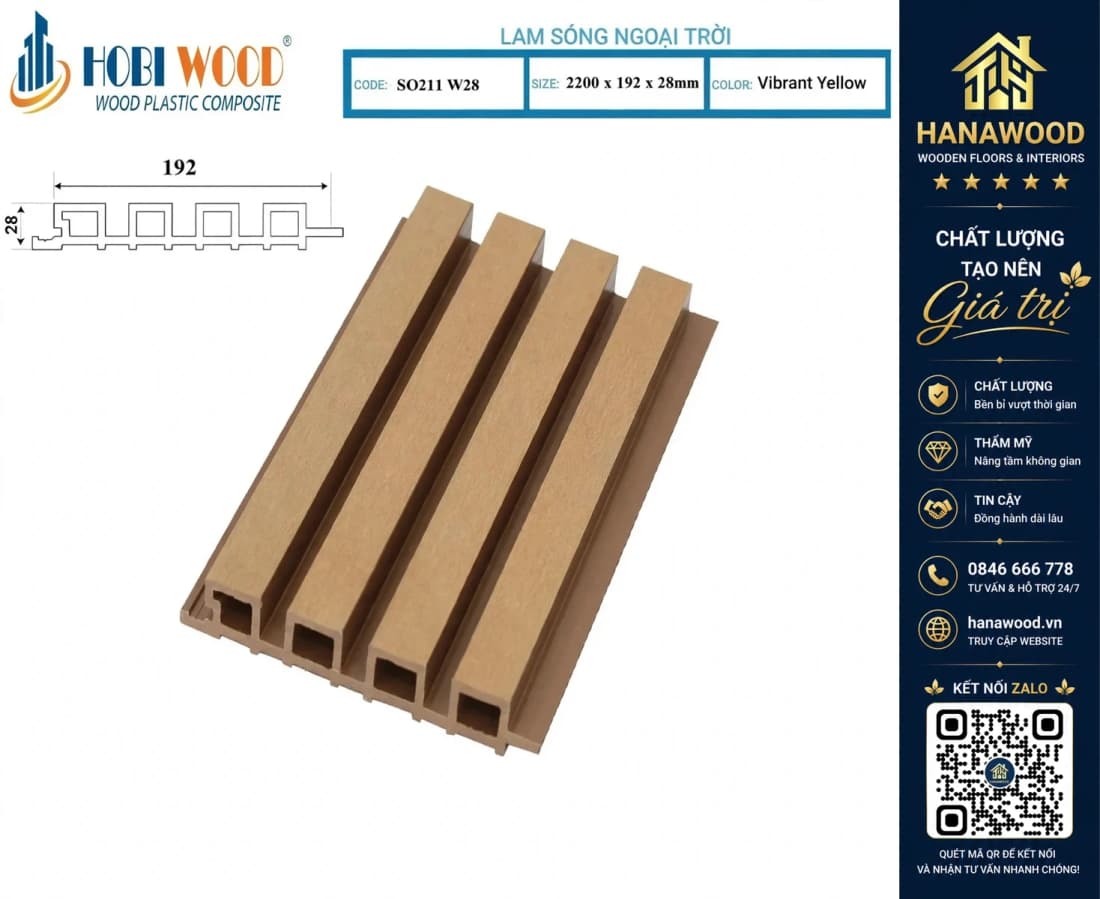Lam Sóng Gỗ Nhựa Ngoài Trời Hobi Wood SO211W28 Vibrant Yellow 2.2m