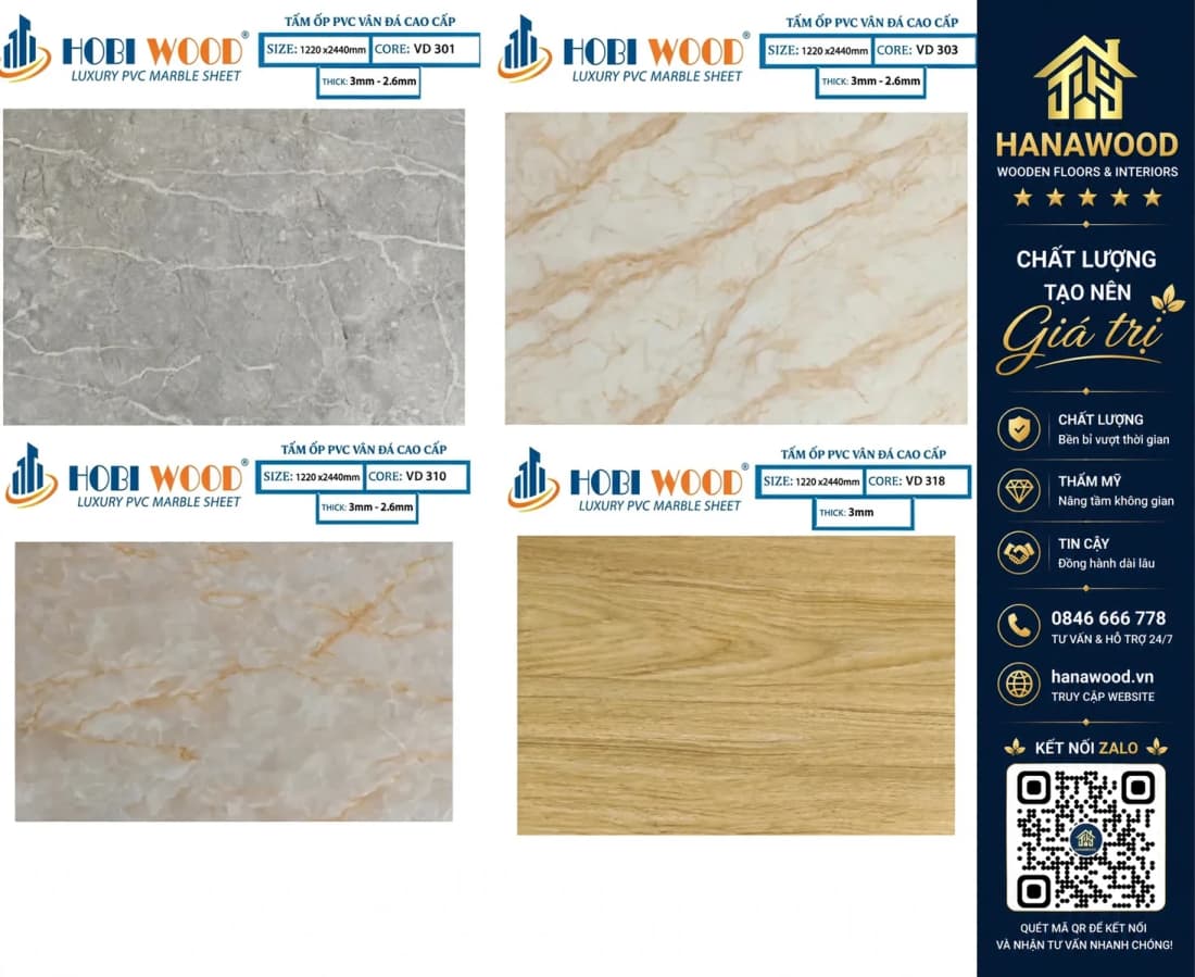 Tấm Nhựa Ốp Tường PVC Giả Vân Đá Hobi Wood Dày 3.0mm
