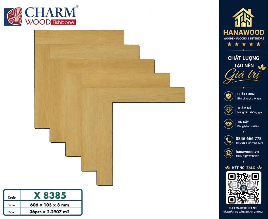 Sàn Gỗ Charmwood Xương Cá Cốt Xanh X8385 Dày 8mm