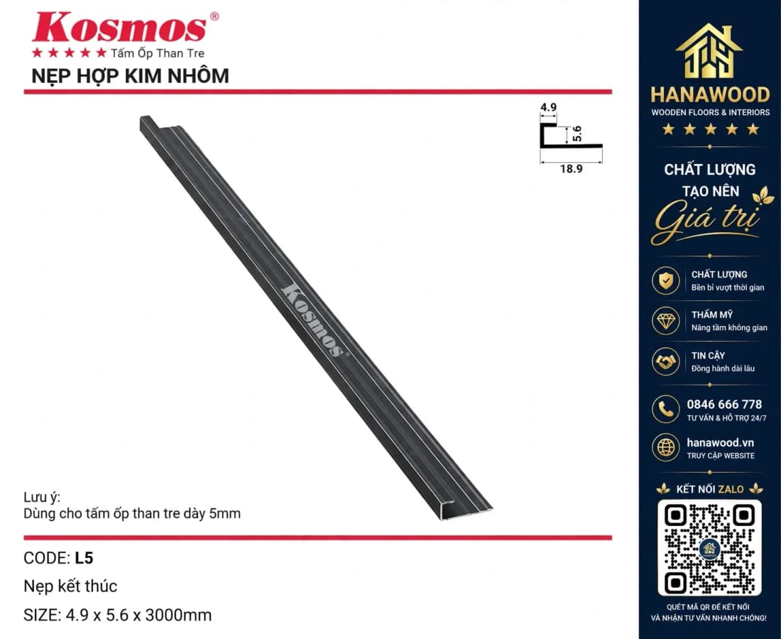 Nẹp Kết Thúc L5 Tấm Ốp Than Tre Kosmos 5mm Màu Đen