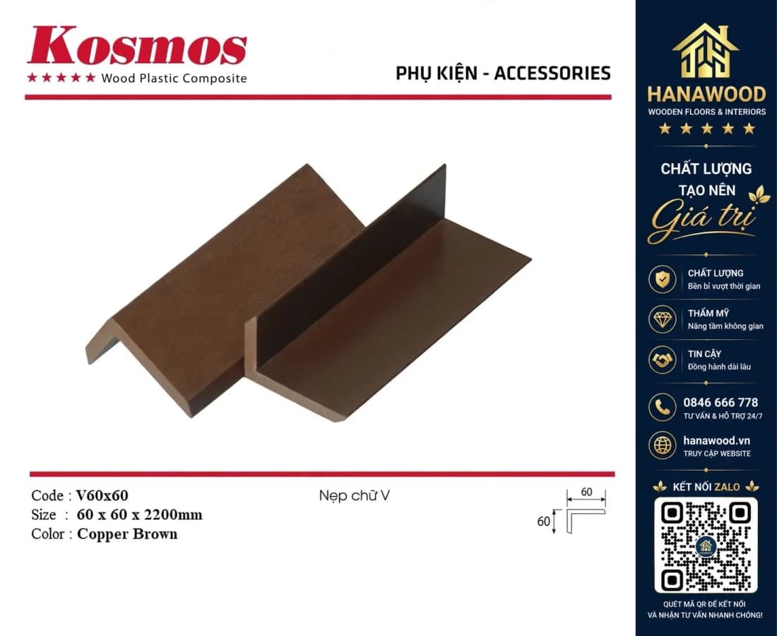 Nẹp góc V WPC Copper Brown (nâu đồng) 60 x 60 x 2200mm