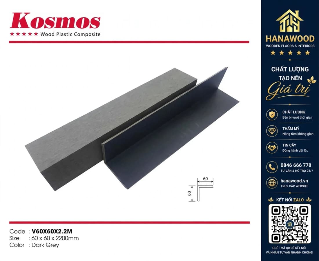 Nẹp Góc V Sàn Gỗ Nhựa Ngoài Trời Kosmos V60X60X2.2M Dark Grey