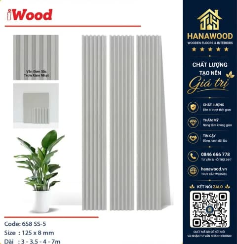 Tấm Ốp Lam Sóng Than Tre Vân Đơn Sắc Trơn Xám Nhạt iWood 6S8 SS-5