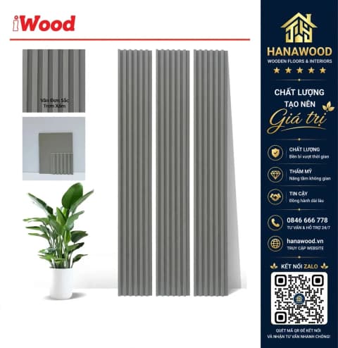 Tấm Ốp Lam Sóng Than Tre Vân Đơn Sắc Trơn Xám iWood 6S8 SS-9