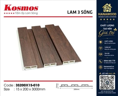 Ảnh 3 Tấm Nhựa Ốp Tường Lam Sóng Giả Gỗ Kosmos 3S200X15-010