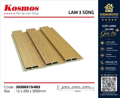 Ảnh 3 Tấm Ốp Lam 3 Sóng Nhựa Giả Gỗ Kosmos 3S200X15-003
