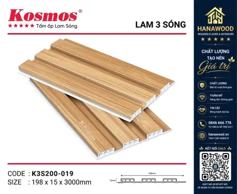 Ảnh 3 Tấm Ốp Lam Sóng Nhựa Giả Gỗ Kosmos K3S200-019