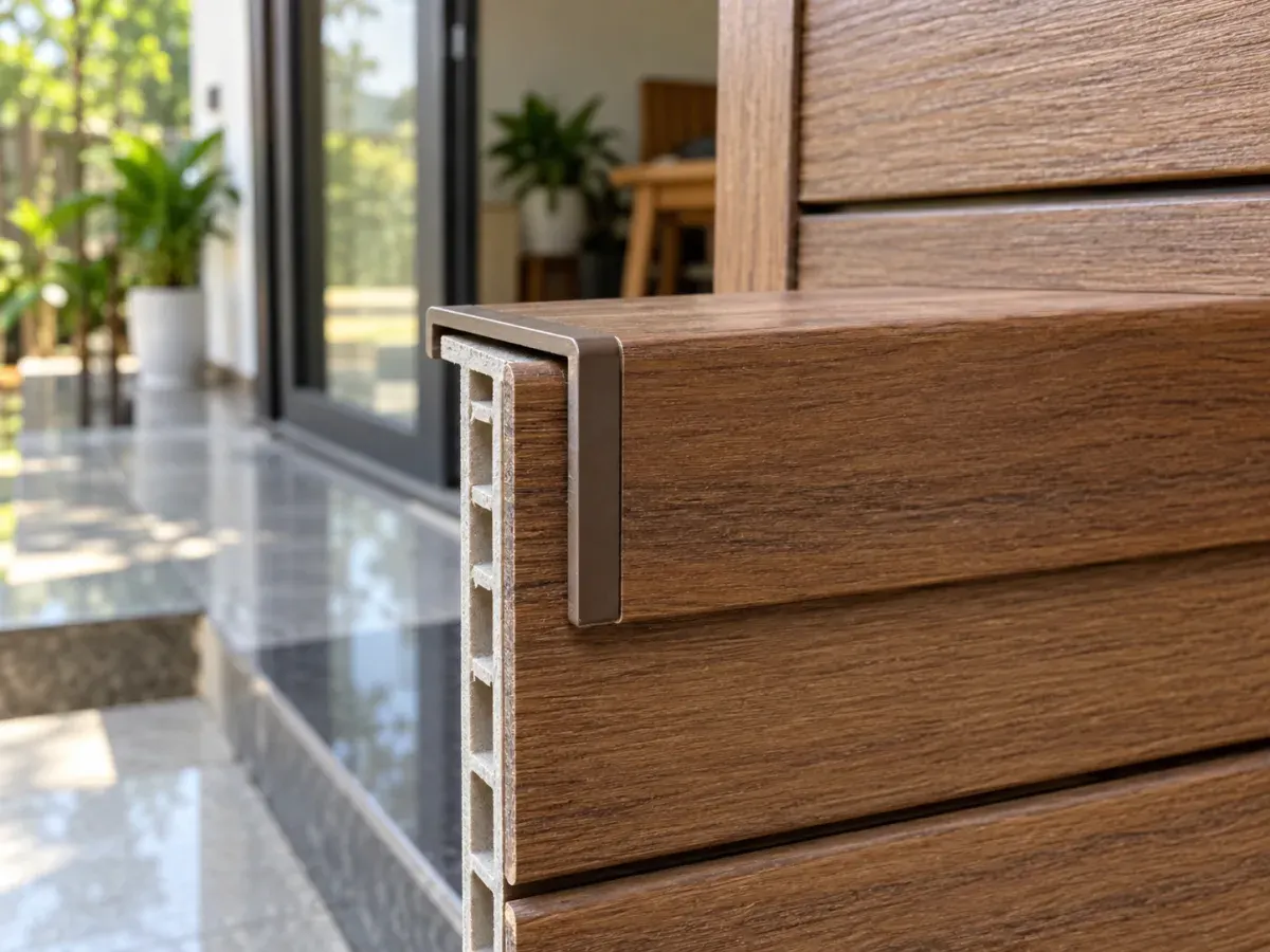Gỗ nhựa phủ ASA cận cảnh lớp phủ và nẹp góc, tông nâu vừa (ảnh minh họa)