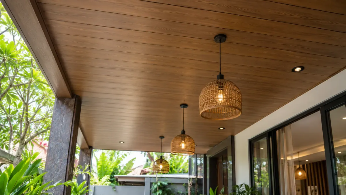 Gỗ nhựa phủ ASA ốp trần mái hiên, tông nâu vừa (ảnh minh họa)