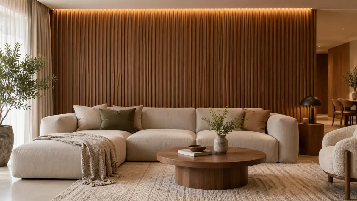 Lam sóng bán nguyệt ốp vách sofa phòng khách, tông nâu vừa (ảnh minh họa)