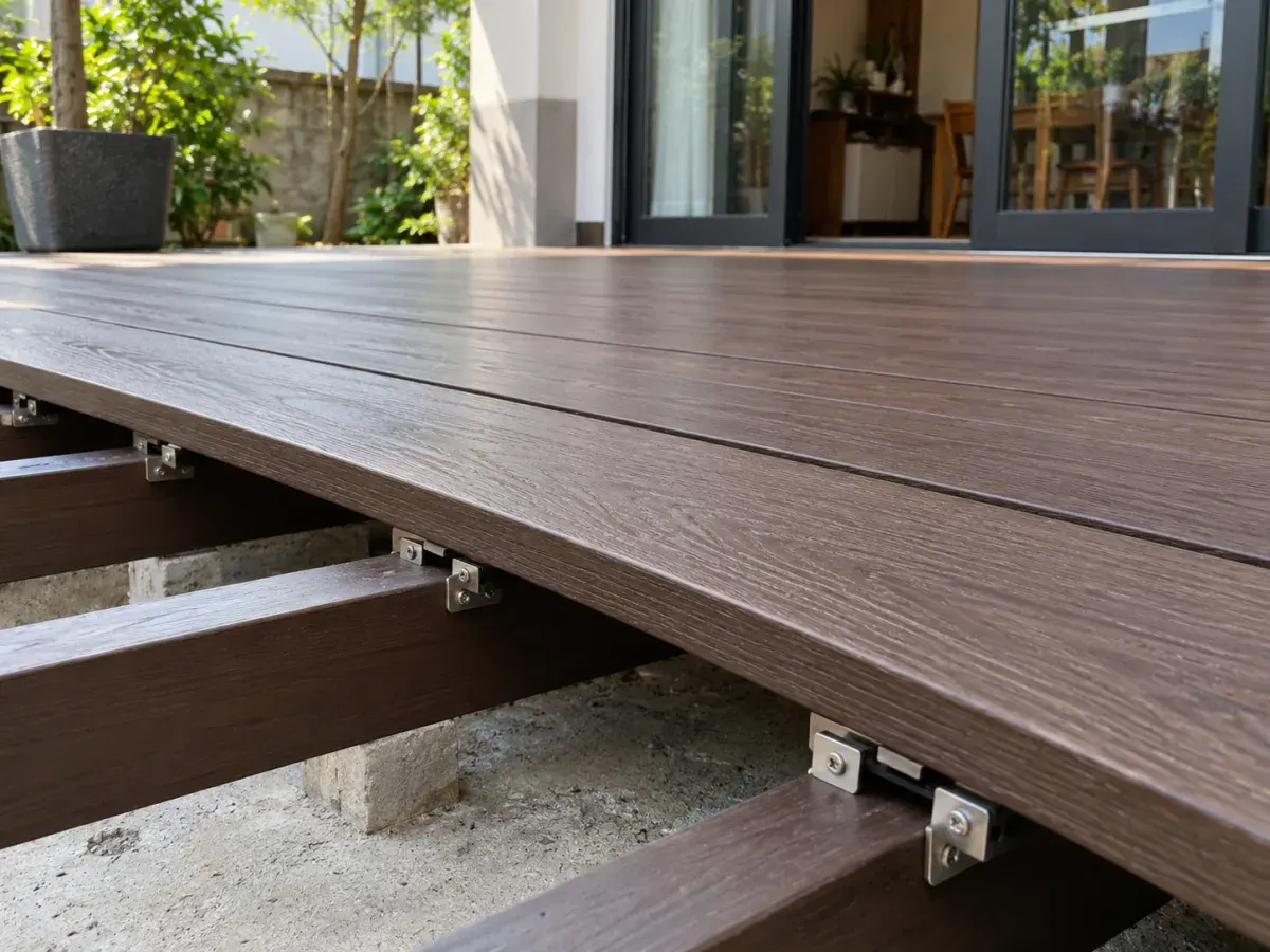 Sàn gỗ nhựa ngoài trời cận cảnh thanh sàn trên xương đà, tông nâu đậm (ảnh minh họa)