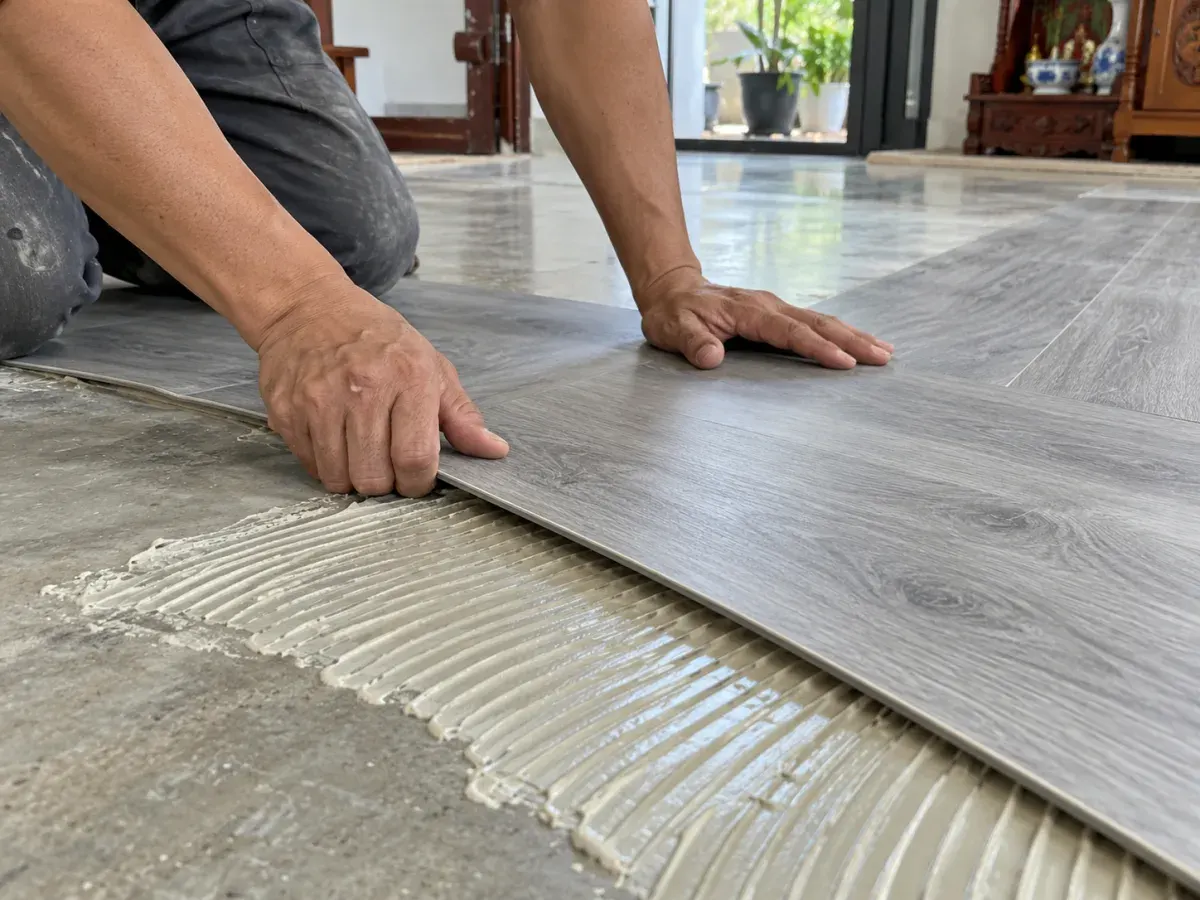 Sàn nhựa dán keo cận cảnh dán tấm bằng keo (ảnh minh họa)