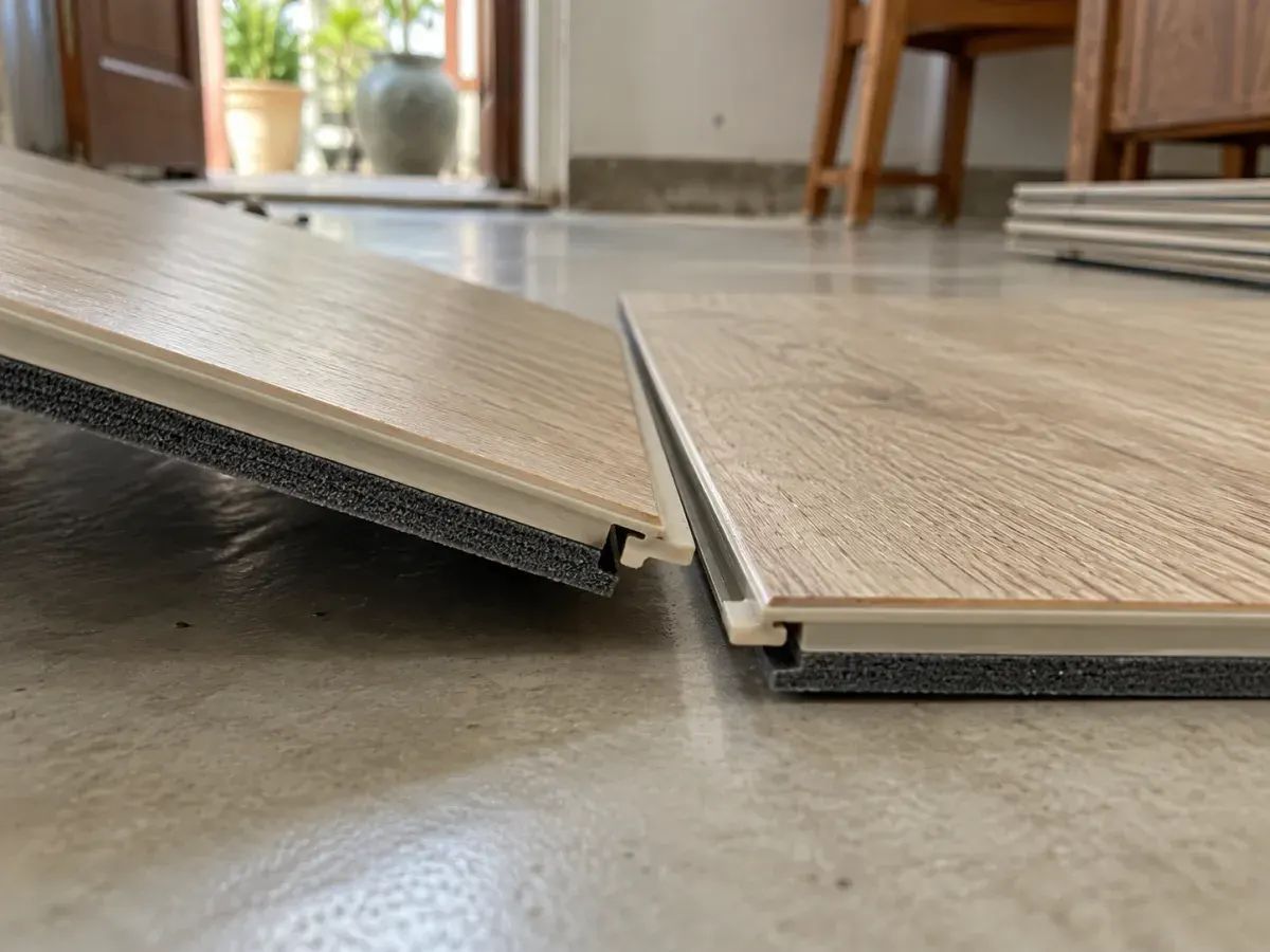 Sàn nhựa hèm khoá cận cảnh hèm khoá và đế lót, tông be kem (ảnh minh họa)