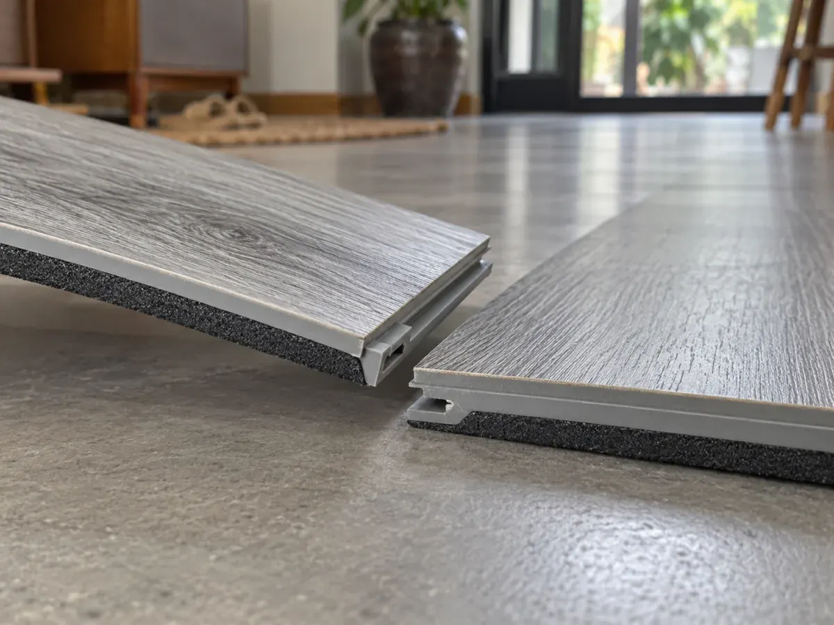 Sàn nhựa hèm khoá cận cảnh hèm khoá và đế lót, tông xám (ảnh minh họa)