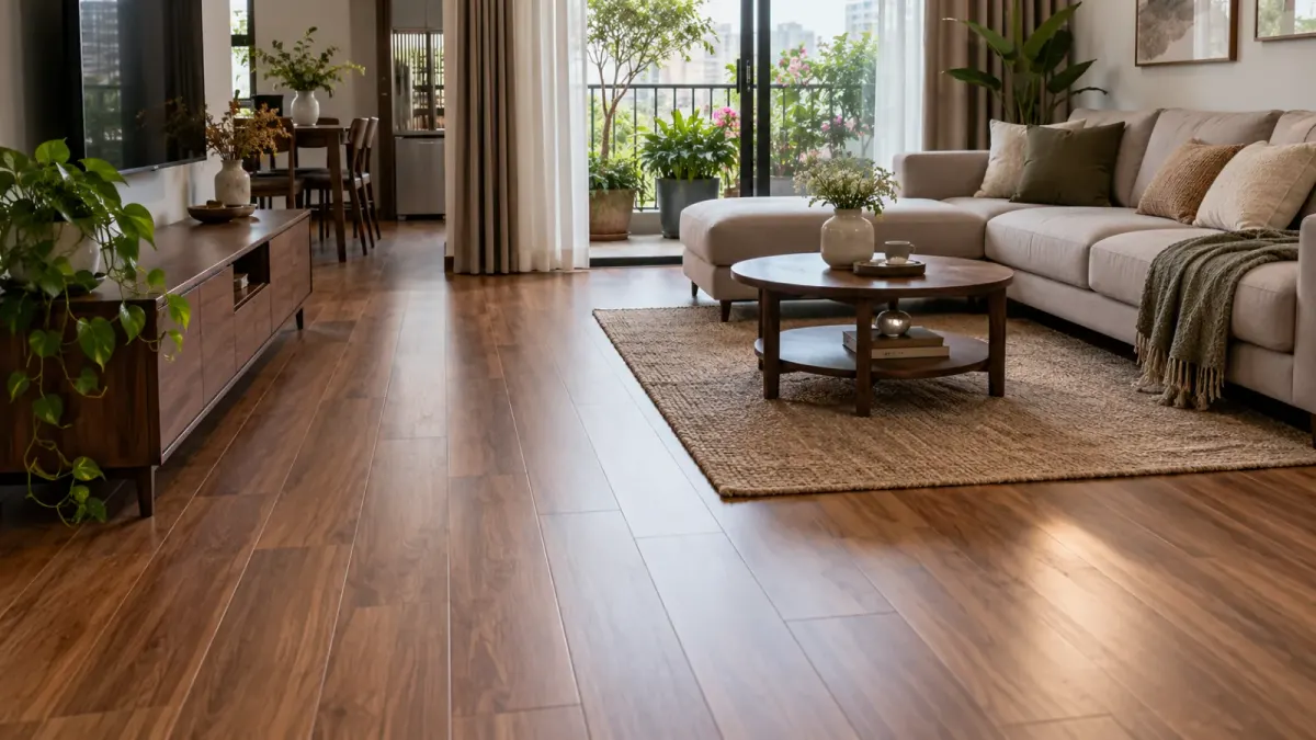Sàn nhựa hèm khoá lát sàn phòng khách, tông nâu vừa (ảnh minh họa)