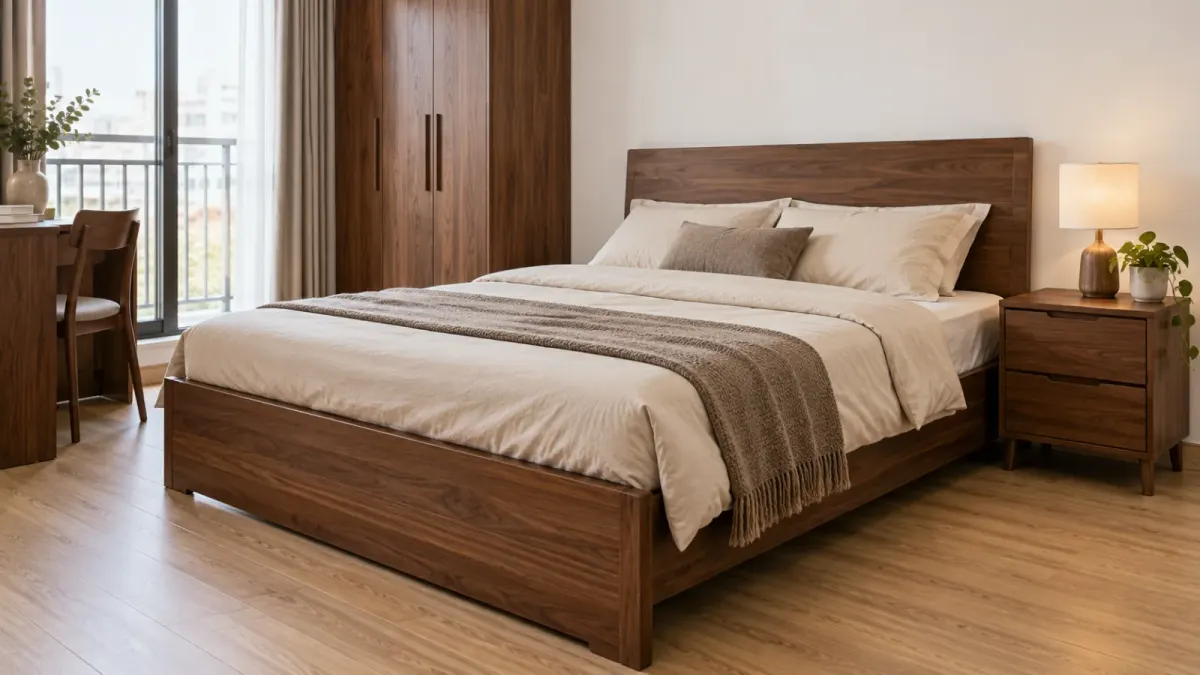 Sàn nhựa hèm khoá lát sàn phòng ngủ căn hộ, tông nâu vừa (ảnh minh họa)