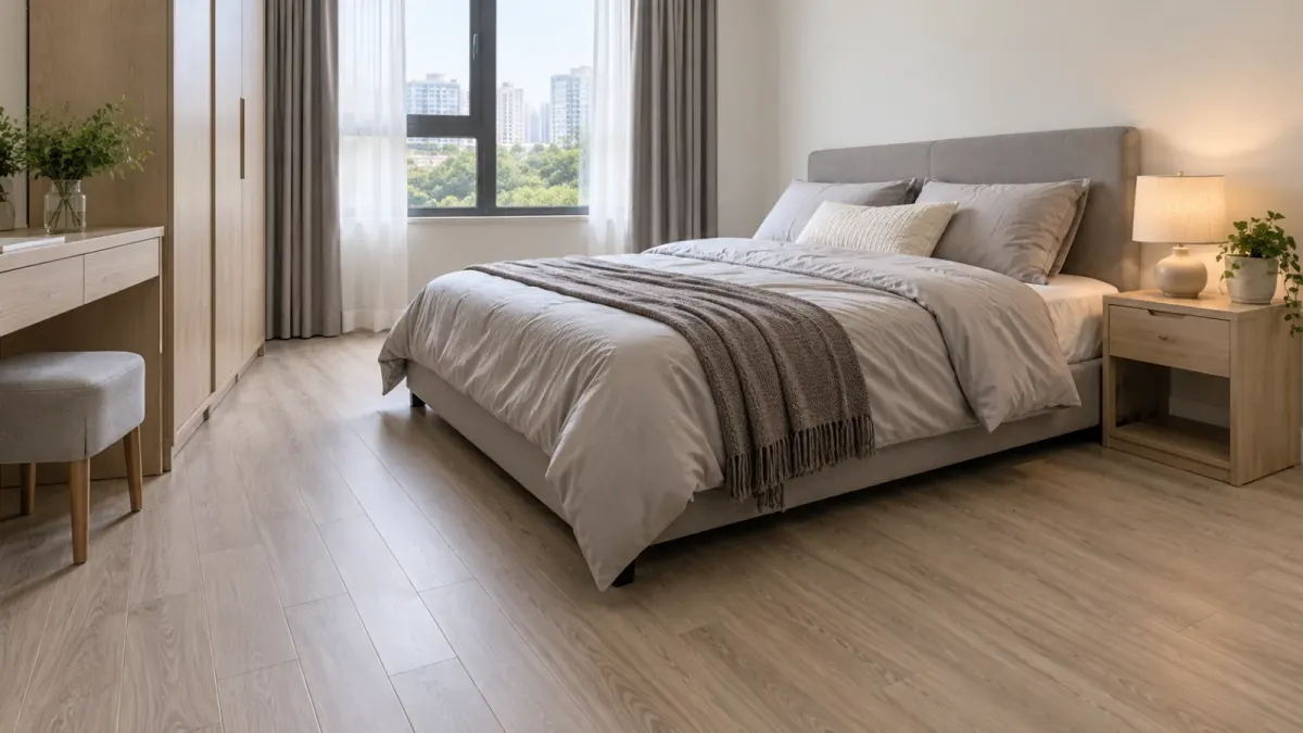 Sàn nhựa hèm khoá lát sàn phòng ngủ căn hộ, tông xám (ảnh minh họa)