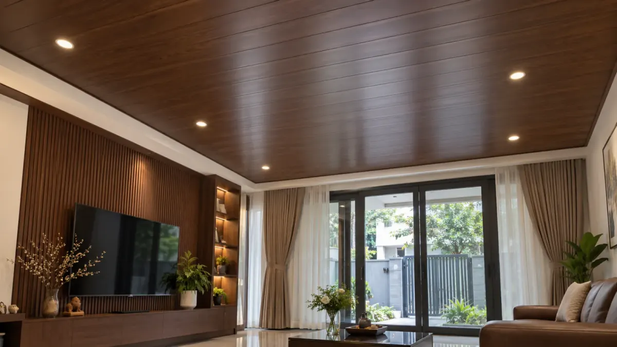 Tấm nano ốp trần phòng khách, tông nâu đậm (ảnh minh họa)