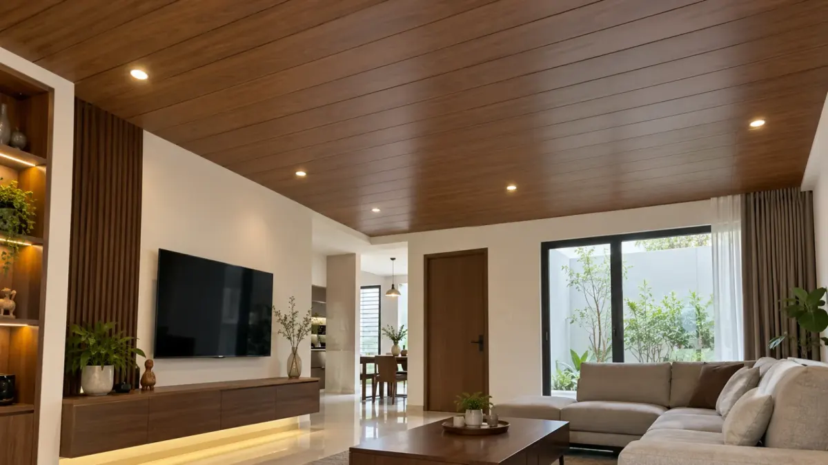 Tấm nano ốp trần phòng khách, tông nâu vừa (ảnh minh họa)