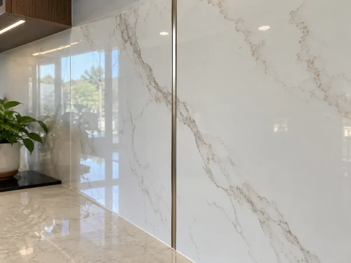 Tấm PVC giả đá cận cảnh vân đá và nẹp nối, tông trắng (ảnh minh họa)