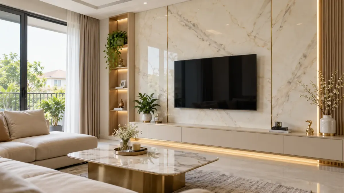 Tấm PVC giả đá ốp vách tivi phòng khách, tông be kem (ảnh minh họa)