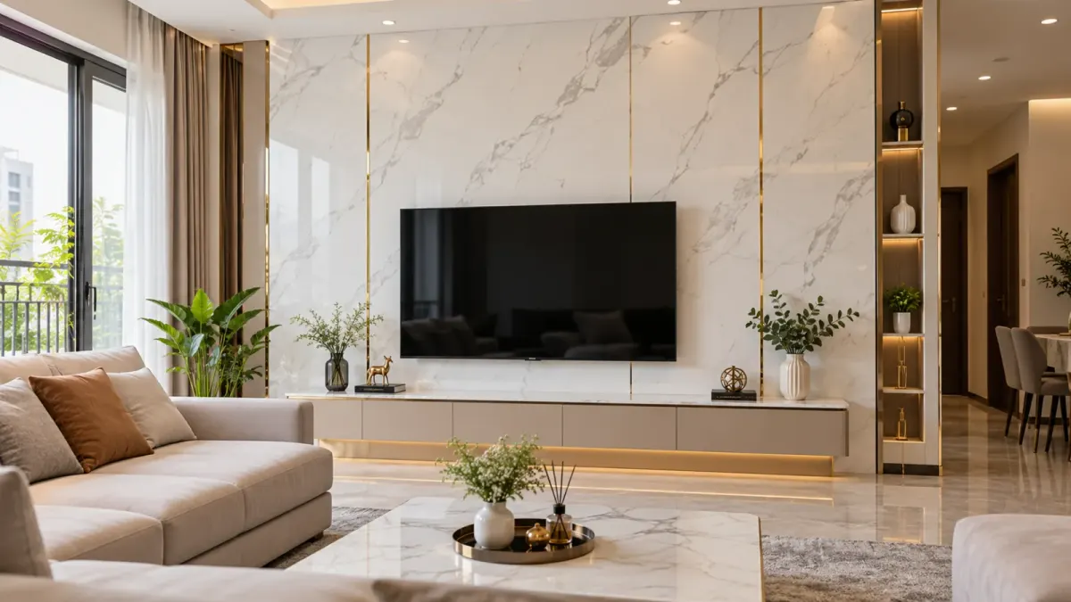 Tấm PVC giả đá ốp vách tivi phòng khách, tông trắng (ảnh minh họa)