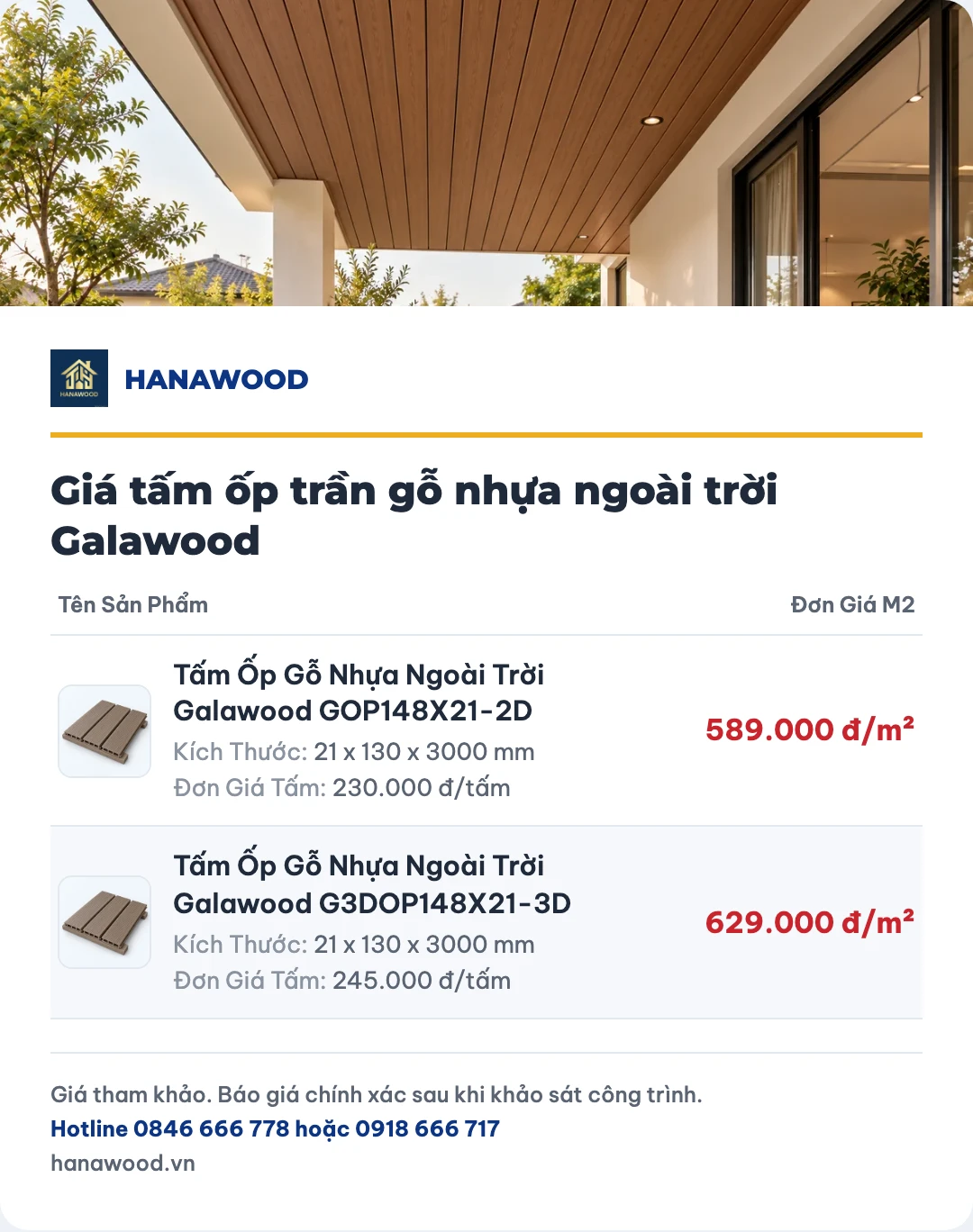 Giá tấm ốp trần gỗ nhựa ngoài trời Galawood