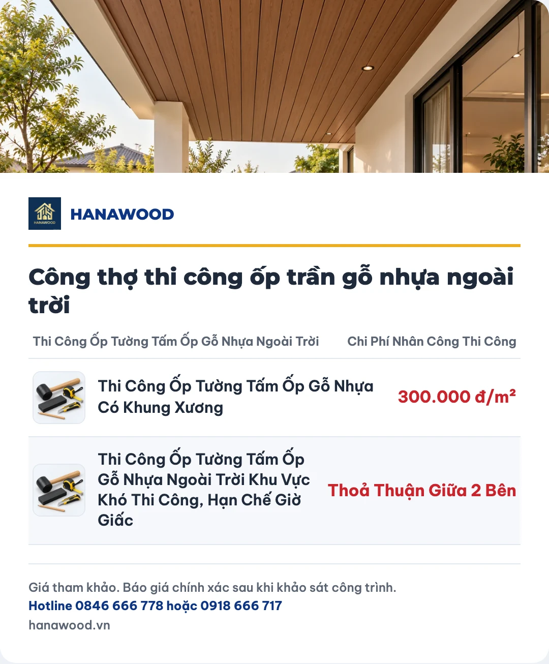 Bảng giá công thợ thi công ốp trần gỗ nhựa ngoài trời