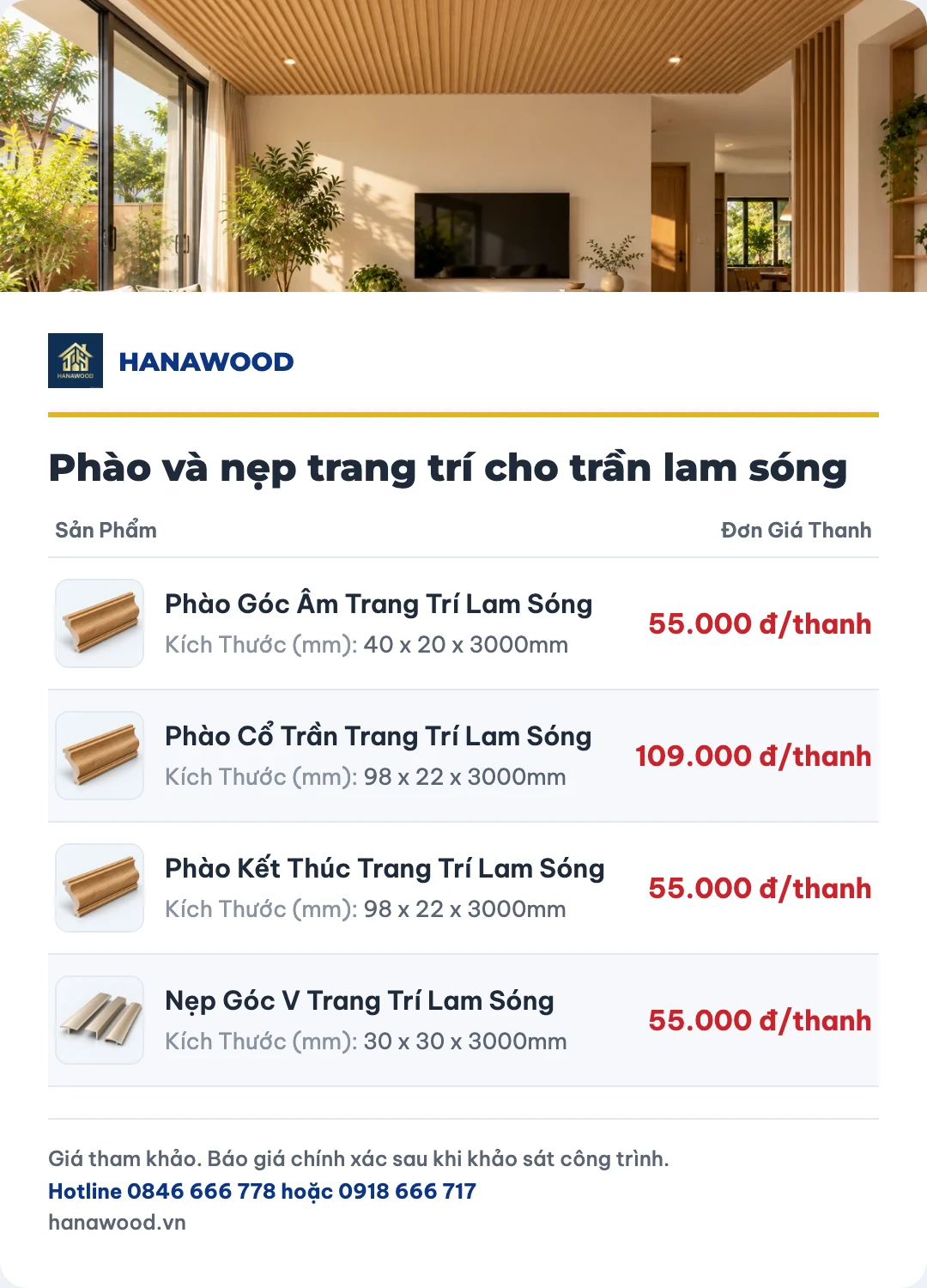 Bảng giá phào và nẹp trang trí cho trần lam sóng