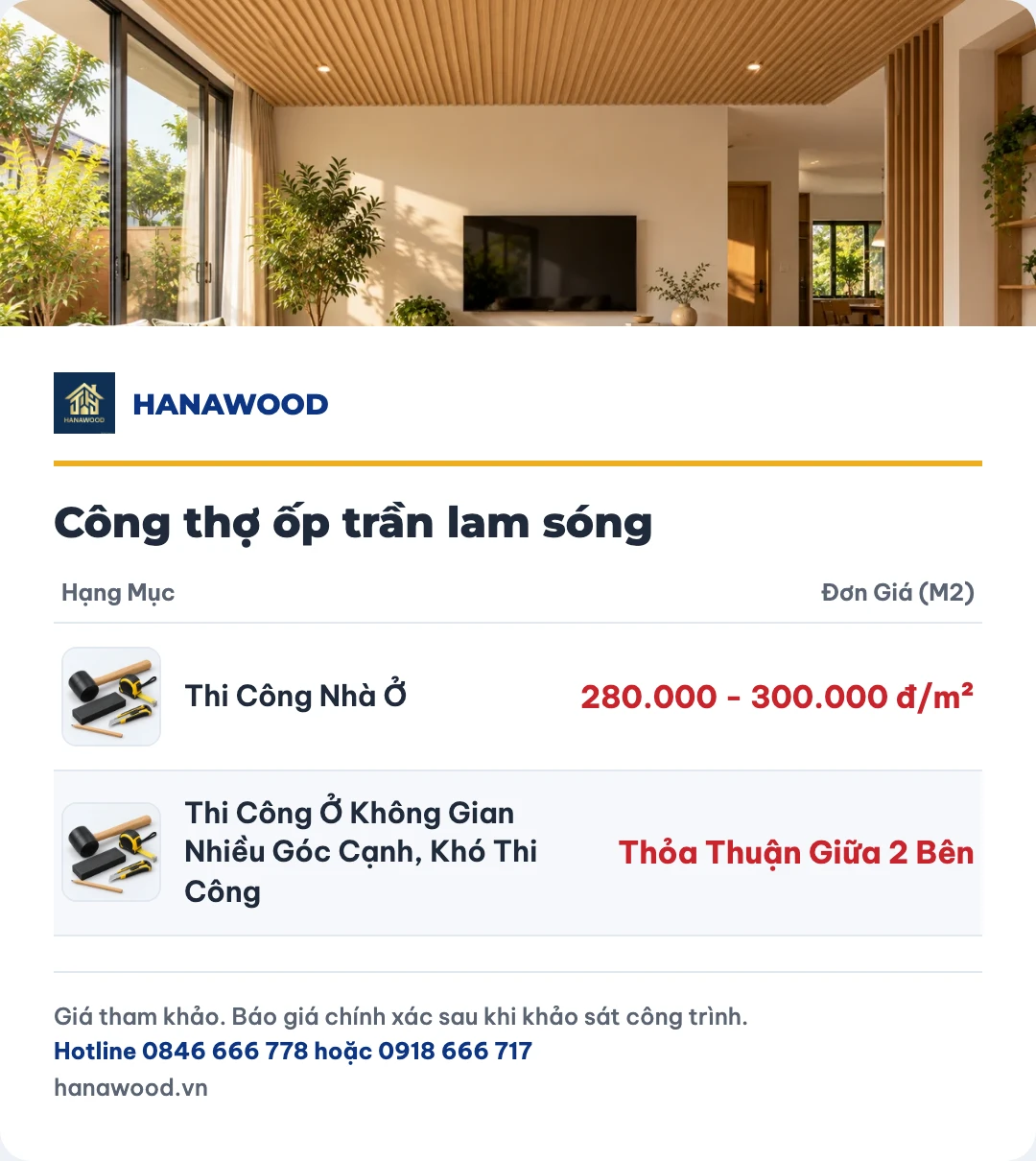 Bảng giá công thợ ốp trần lam sóng