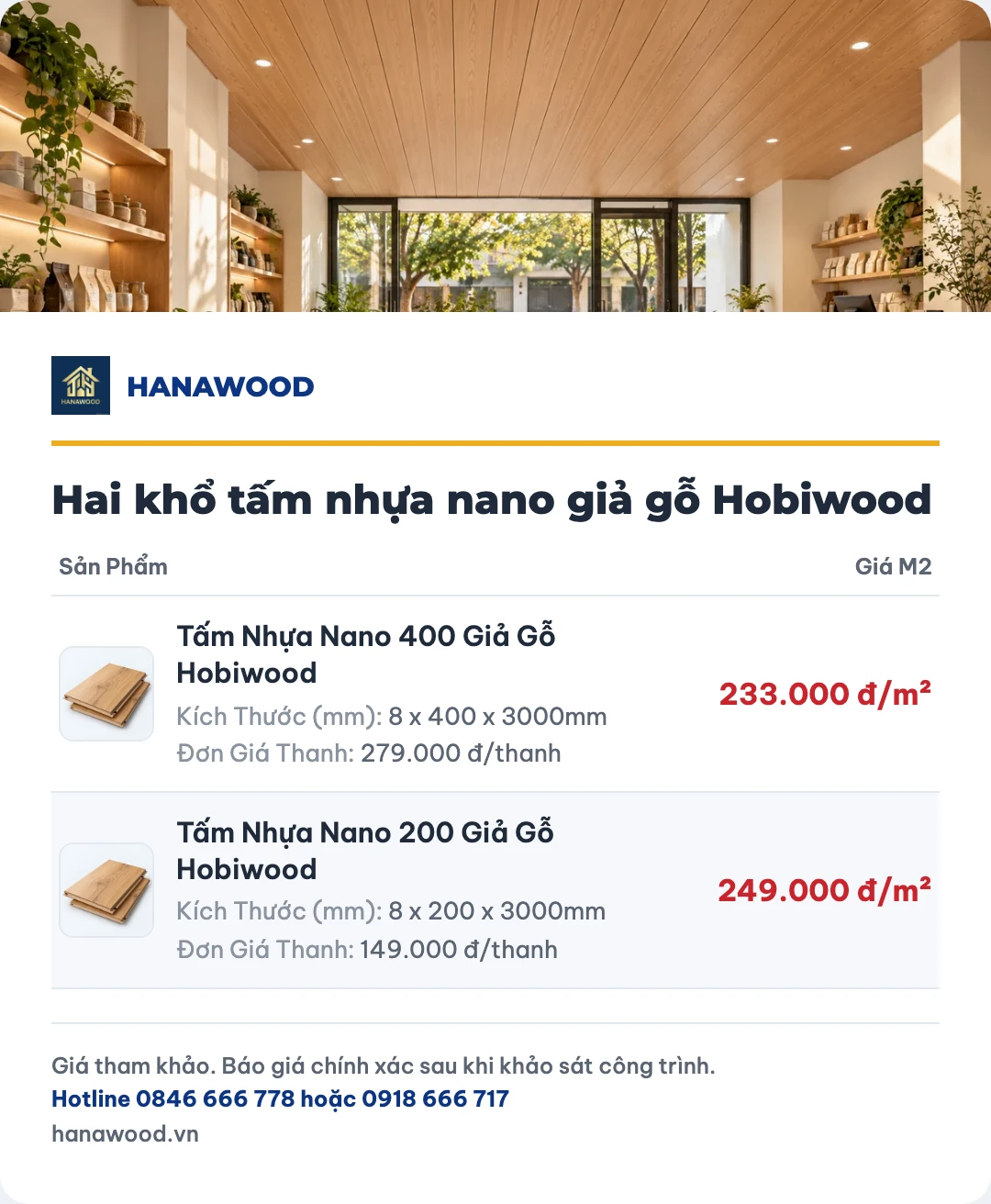 Bảng giá hai khổ tấm nhựa nano giả gỗ Hobiwood