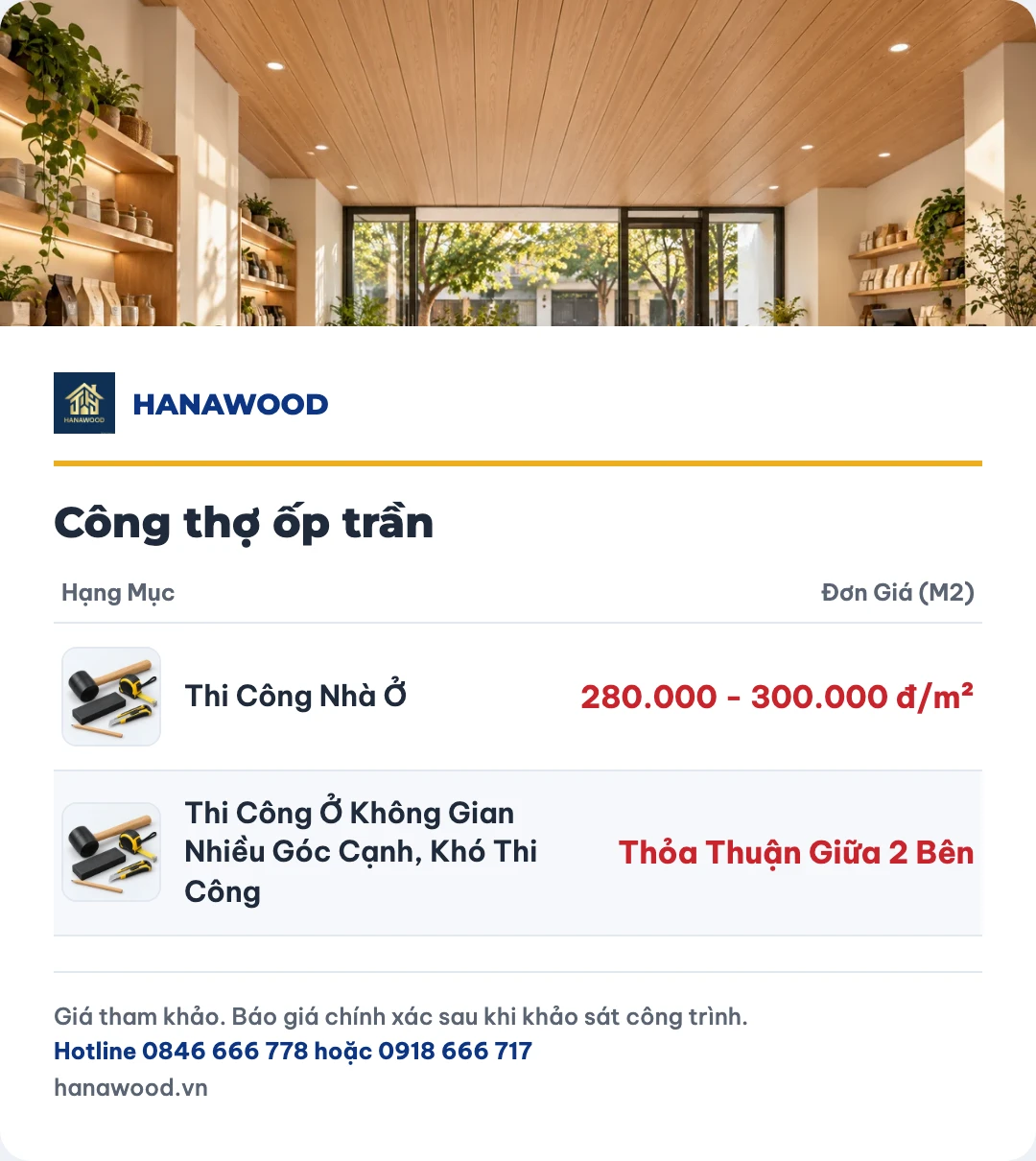 Bảng giá công thợ ốp trần
