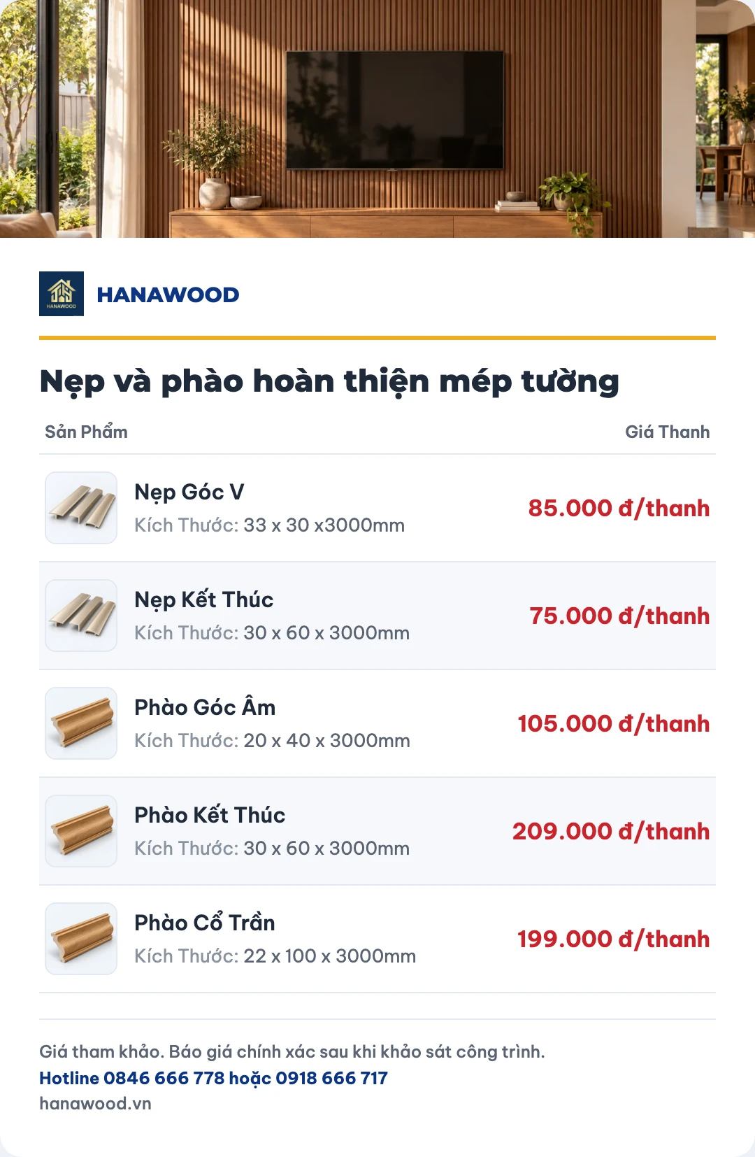 Bảng giá nẹp và phào hoàn thiện mép tường