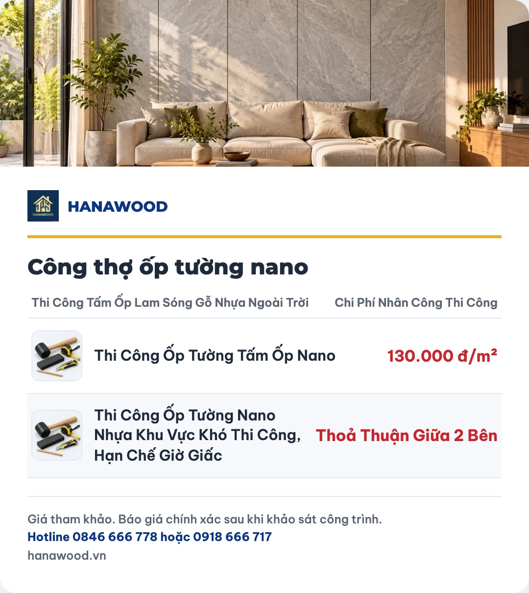 Bảng giá công thợ ốp tường nano
