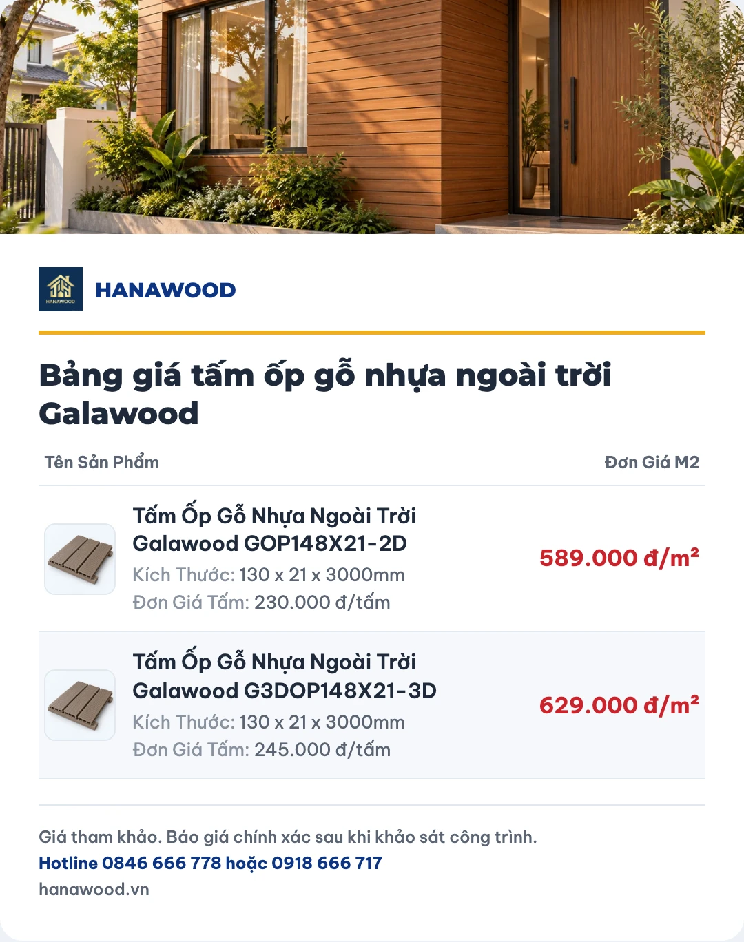 Bảng giá tấm ốp gỗ nhựa ngoài trời Galawood