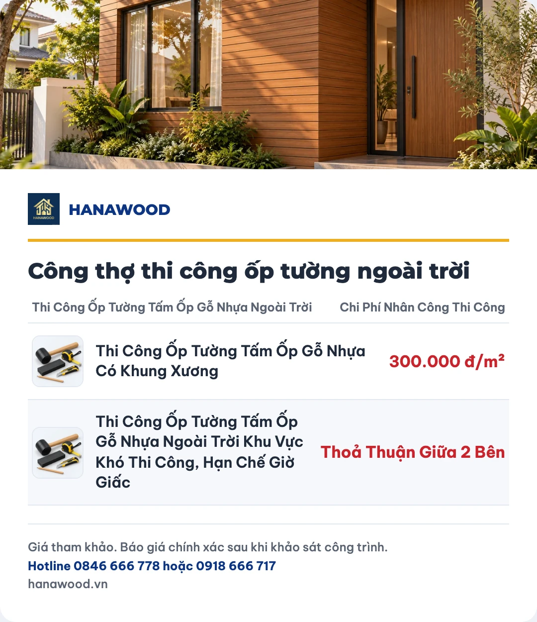 Bảng giá công thợ thi công ốp tường ngoài trời