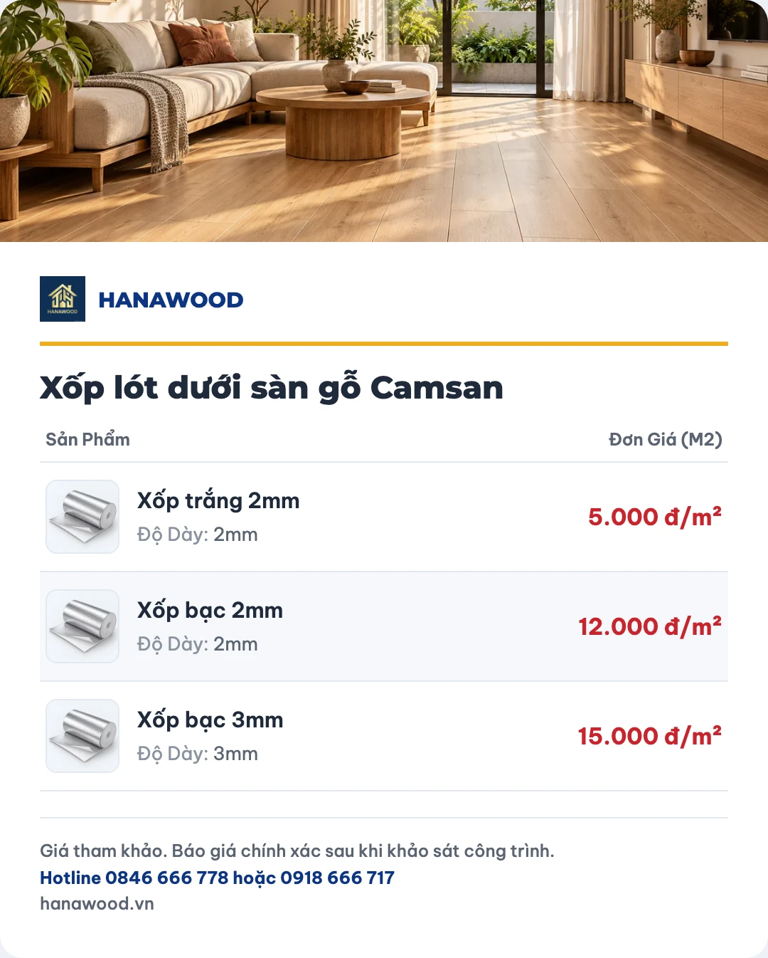 Bảng giá xốp lót dưới sàn gỗ Camsan