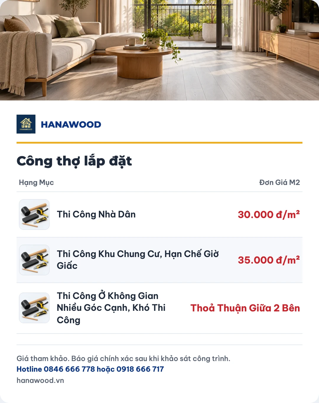 Bảng giá công thợ lắp đặt