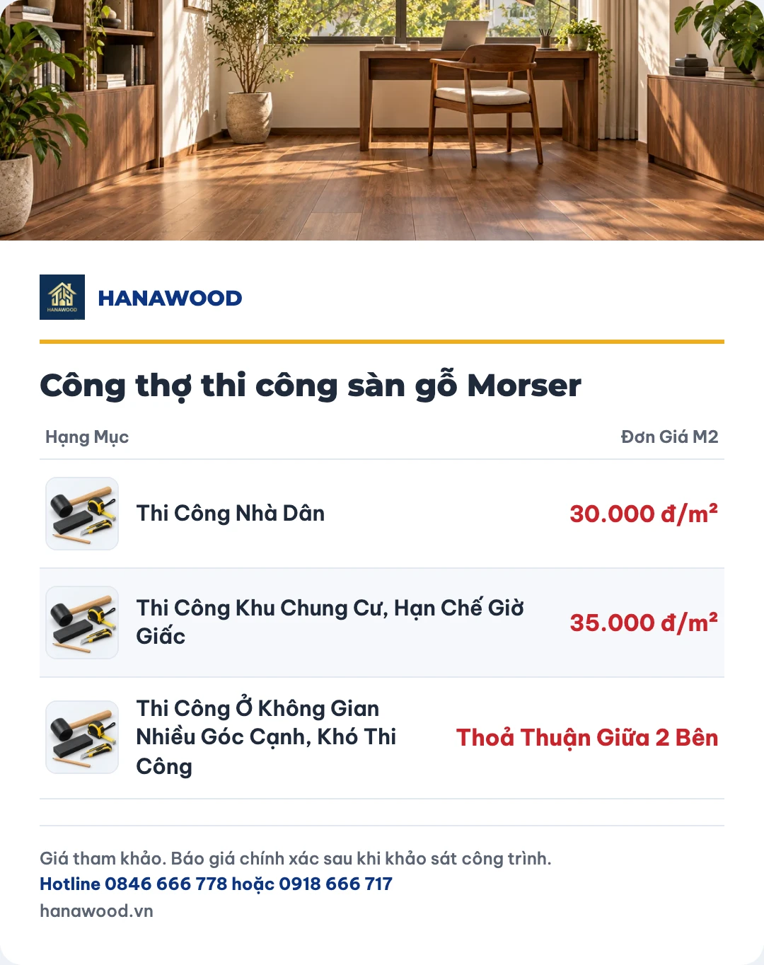Bảng giá công thợ thi công sàn gỗ Morser