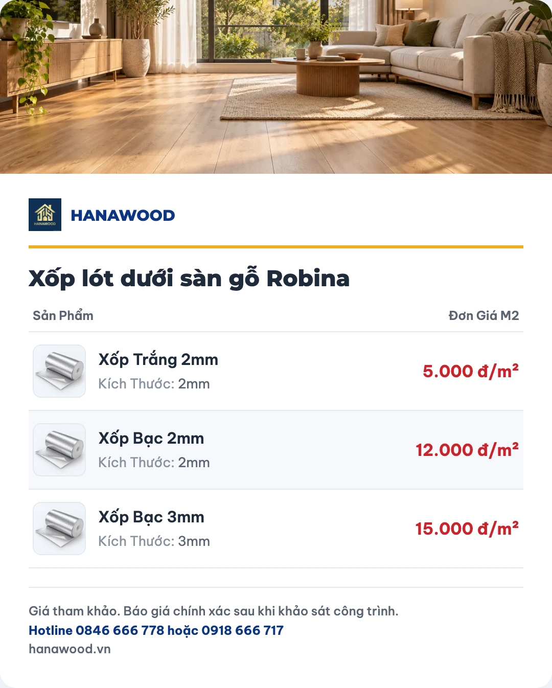 Bảng giá xốp lót dưới sàn gỗ Robina