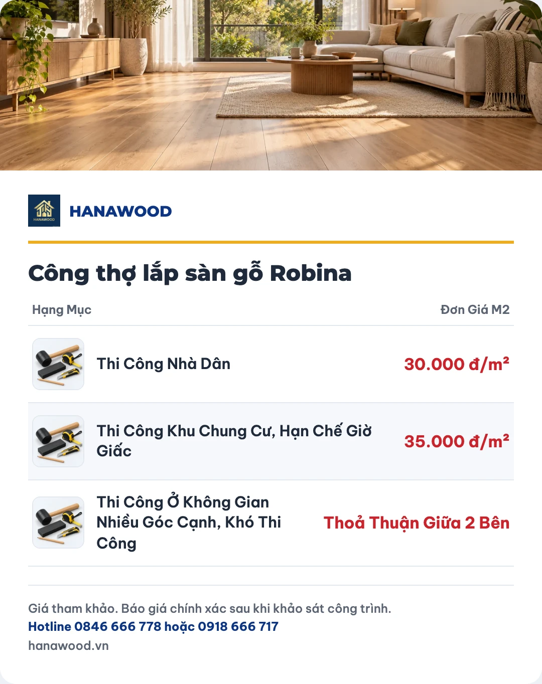 Bảng giá công thợ lắp sàn gỗ Robina