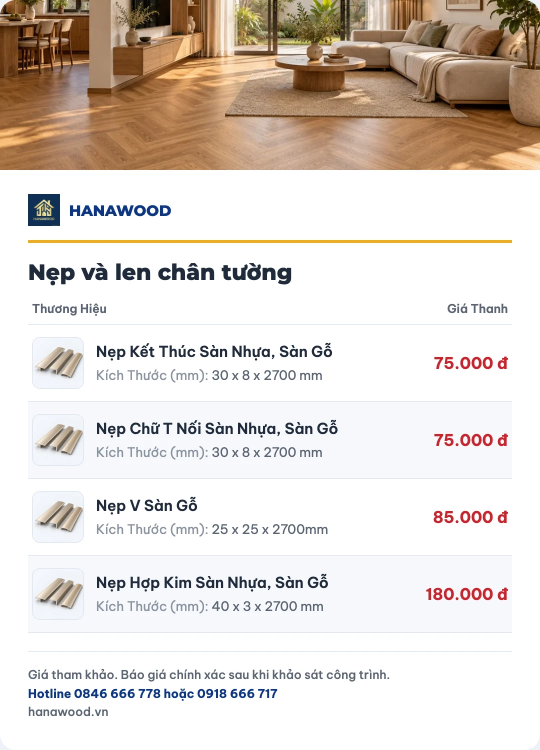 Bảng giá nẹp và len chân tường