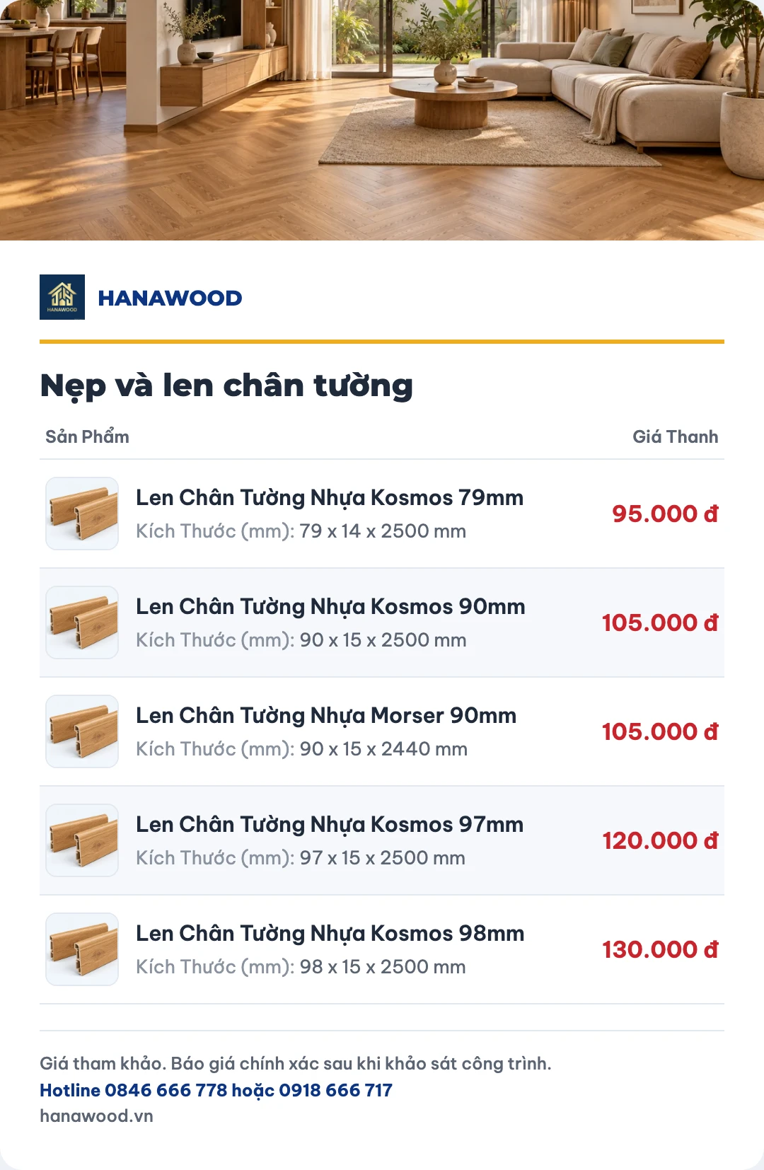 Bảng giá nẹp và len chân tường