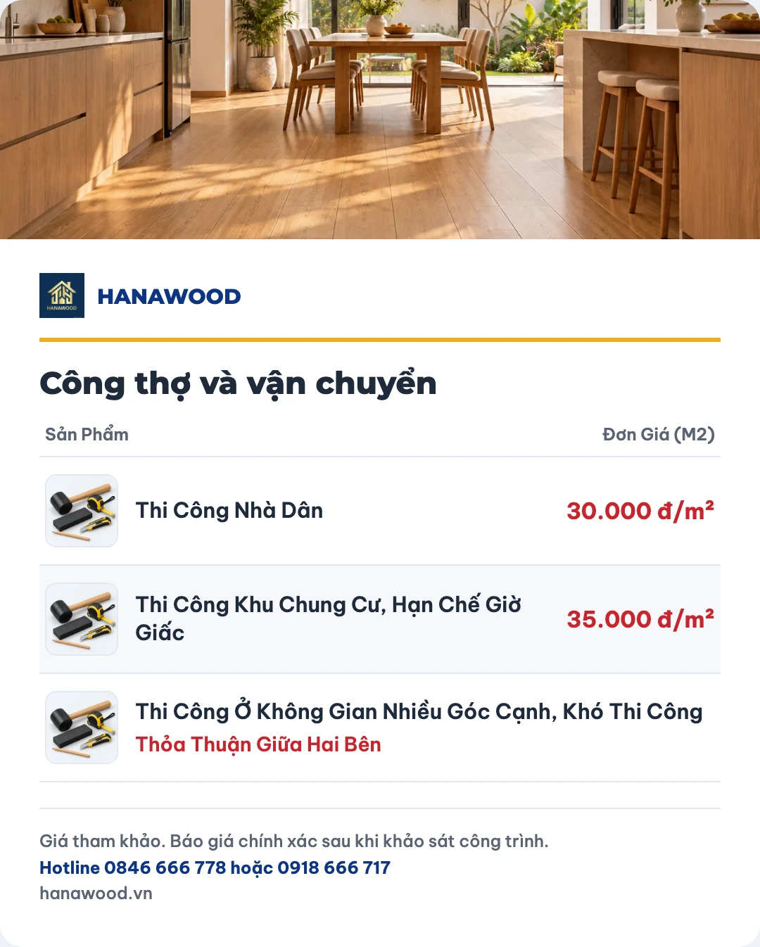 Bảng giá công thợ và vận chuyển